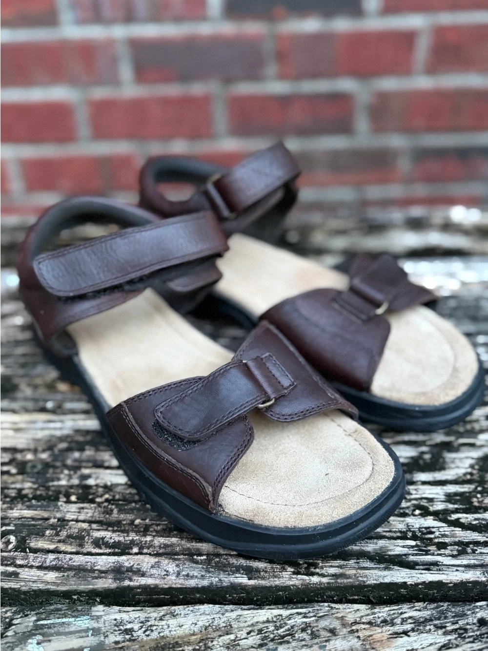 Lands' End Men's Sz 11 Comfort Adjustable Brown Leather Hook-&-Loop Sandals P2